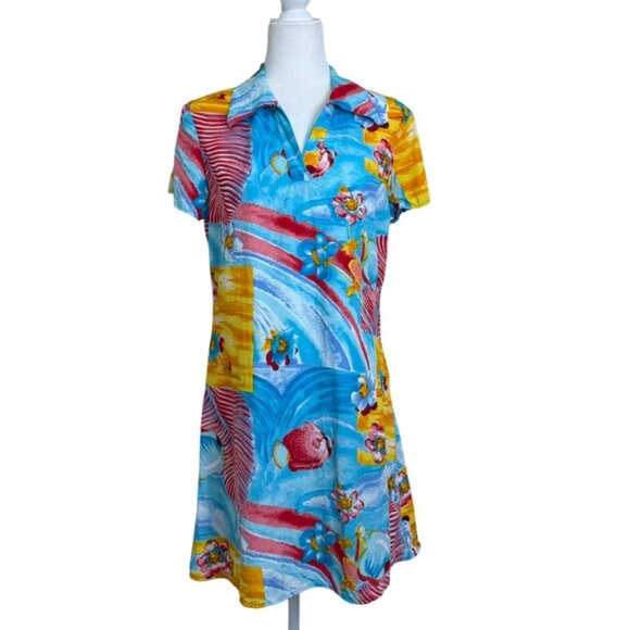 Vintage Antonio Moreno Miami Mini Dress Short Sleeve Tropical Blue Womens Size M - Picture 1 of 6
